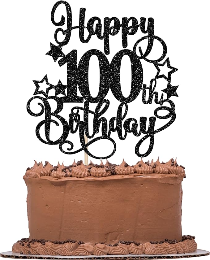 1 PCS Happy 100th Birthday Cake Topper - Glitter Cheers to 100 Years Cake Pick - Hello 100 Fabulous Cake Decoration for Anniversary Party Supplies - Black