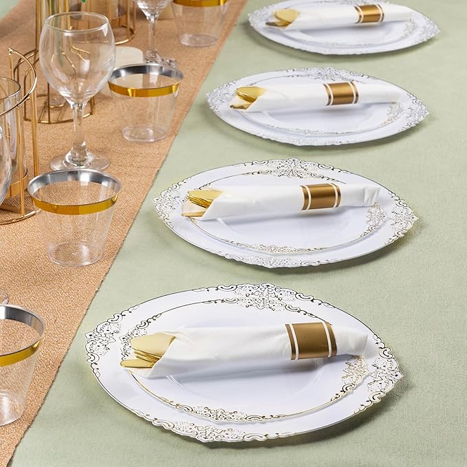 100 Pack Gold Plastic Silverware with Pre Rolled Napkins for 100 Guests, Heavyweight Gold Disposable Utensils Sets Includes 300 Plastic Cutlery, and 100 Napkins for Party & Wedding