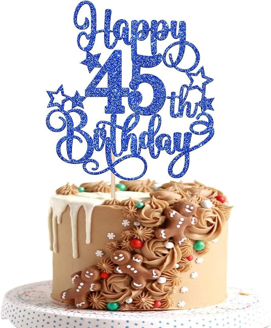 1 PCS Happy 45th Birthday Cake Topper Glitter Cheers to 45 Years Birthday Cake Pick Hello 45 Fabulous Cake Decoration for Happy 45th Birthday Anniversary Party Decorations Supplies Blue