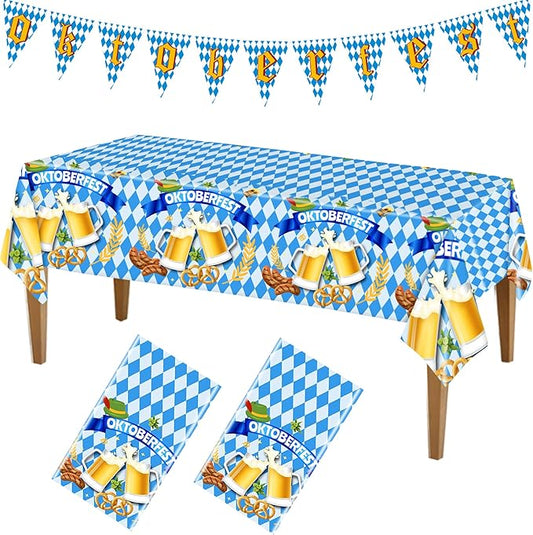 Oktoberfest Plastic Tablecloth,2Pcs Blue White Checkered Table Cover and Banner Flags for Bavarian Beer Festival Oktoberfest Party Decorations (54x108 Inch)