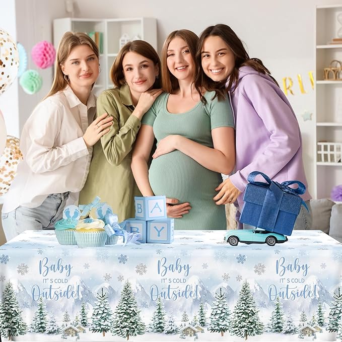 Baby It's Cold Outside Baby Shower Decorations, 3pcs Blue Winter Woodland Plastic Tablecloth Rectangle Table Cover for Christmas Baby Shower Party Decorations Boys