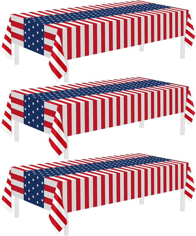 Childom 3 Pack Patriotic Tablecloth,Disposable Plastic Tablecloth 54"x108" Patriotic Decorations,Birthday Party Table Cloth for Kids,Patriotic Themed Party Supplies for Outside,Picnic,Camping,Memorial