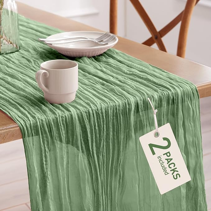 Pureegg 2-Pack Cheese Cloths Table Runner, 120'' Boho Table Cloth Decorations for Party, Baby Shower, Wedding and Farmhouse, Fabric Room Decor, Sage Green