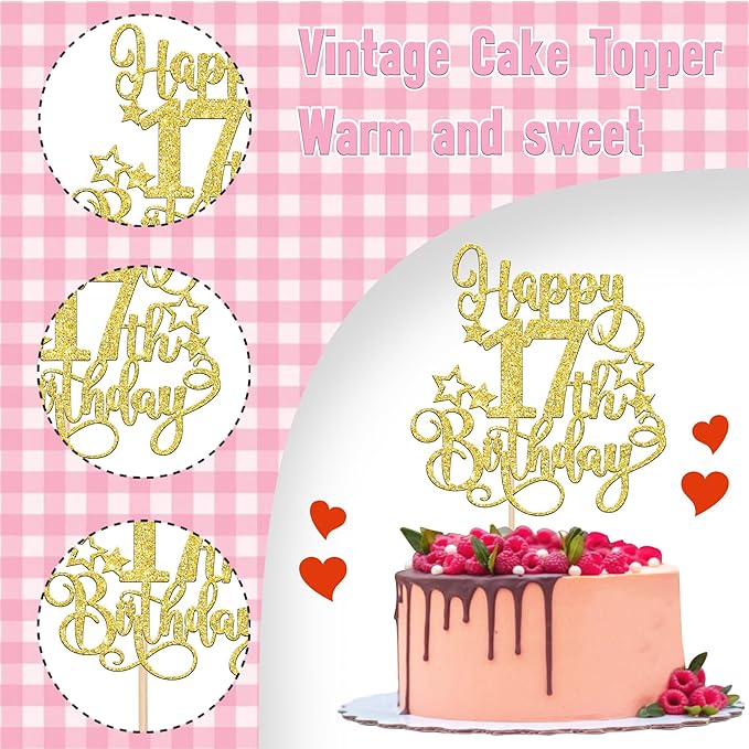 1 PCS Happy 17th Birthday Cake Topper Glitter Cheers to 17 Years Birthday Cake Pick Hello 17 Fabulous Cake Decoration for Happy 17th Birthday Anniversary Party Decorations Supplies Gold