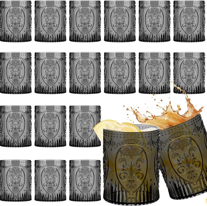 24 Plastic Vintage Drinking Glasses 8.5oz Stemless Retro Embossed Wine Glasses Shatterproof Reusable Cups for Baby Shower Wedding Reception Grand Event Party (Black)
