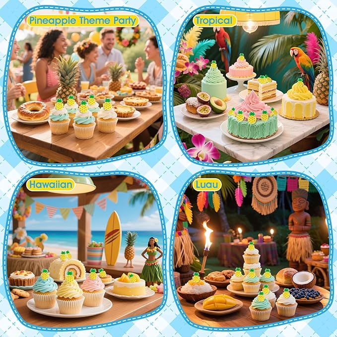 24PCS Pineapple Cupcake Topper Donut Cake Toppers, Pineapple Cupcake Rings for Pineapple Theme Summer Tropical Hawaiian Party Birthday Baby Shower Cake Decorations