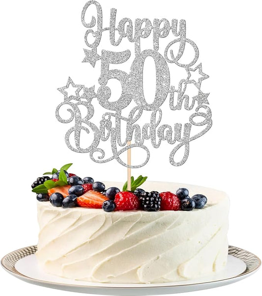 1 PCS Happy 50th Birthday Cake Topper Glitter Cheers to 50 Years Birthday Cake Pick Hello 50 Fabulous Cake Decoration for Happy 50th Birthday Anniversary Party Decorations Supplies Silver