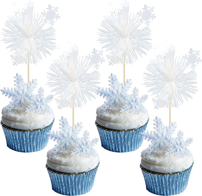 Gyufise 20Pcs Foil Firework Cupcake Toppers Sparkle Tinsel Cake Toppers Tinsel Drink Cake Decoration Cocktail Picks for Birthday Wedding Graduation Party Supplies White