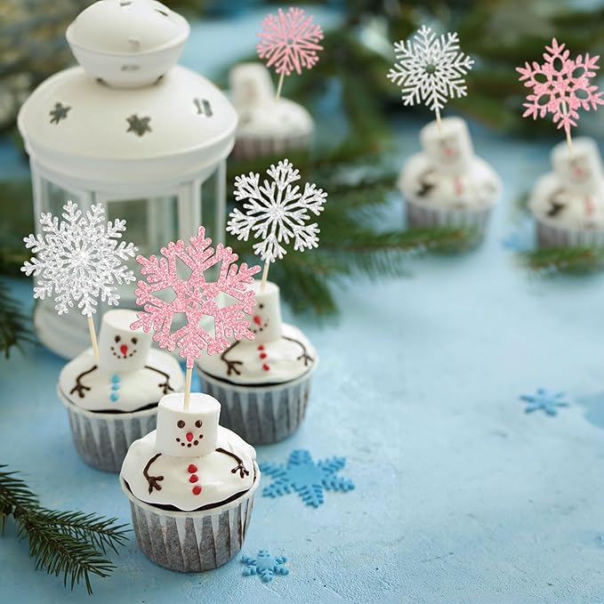 36Pcs Snowflake Cupcake Toppers Glitter Winter Theme Snowflake Cupcake Picks Merry Christmas Happy New Year Christmas Cake Decor Birthday Party Cake Decorations Supplies Pink Silver