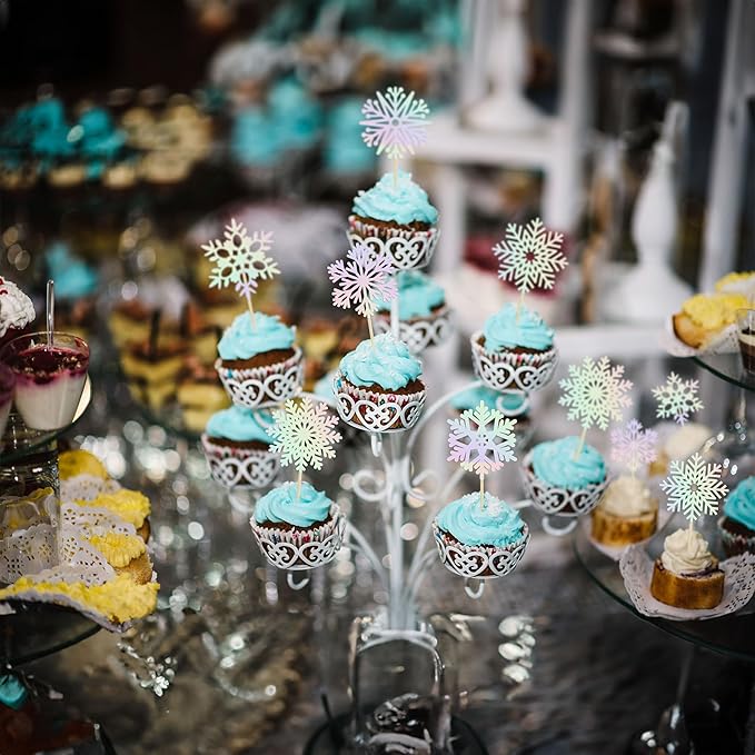 36Pcs Snowflake Cupcake Toppers Laser Silver Glitter Snowflake Cake Toppers Frozen Cake Decorations for Baby Shower Winter Wonderland Christmas Party Cake Decoration Supplies