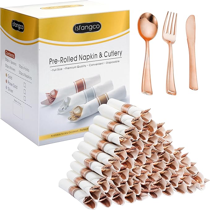 50 Pack Pre Rolled Rose Gold Plastic Silverware Set with Napkins,Disposable Wrapped Heavy Duty Cutlery Set for Wedding Birthday Party-50 Forks,Knives,Spoons,Utensils Set,Plasticware Bulk