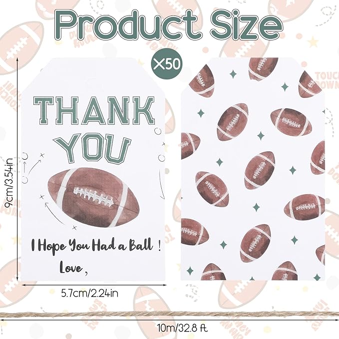 50Pcs Football Thank You Tags, Rugby Birthday Party Favor Thank You Sport Themed Party Hang Tags for Gifts Wrapping Craft Birthday Decorations