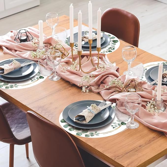 Disposable Paper Placemats - 100 Pack Green Eucalyptus Leaves Round Table Mats, 13.7 Inch, Perfect for Birthday, Baby Shower, Party Decoration