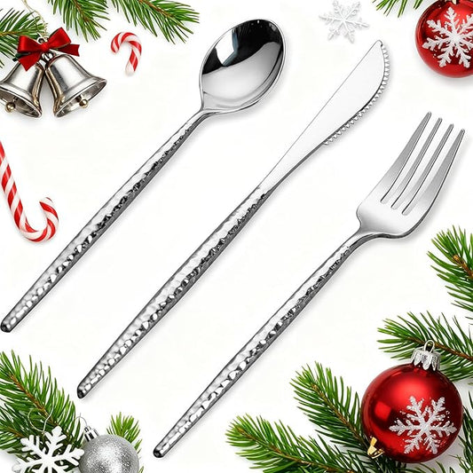 Rubtlamp 90Pcs Christmas Silver Plastic Silverware, Hammered Christmas Disposable Silverware,Silver Plastic Forks And Spoons, Fancy Plastic Cultery Include 30 Forks, 30 Knives And 30 Spoons for Party