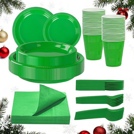 MirthMood 350pcs Green Plastic Plates, Christmas Plates Set, Including Green Disposable Plates and Napkins, Plastic Cutlery and 12OZ Cups, Serve 50 Guests for Party & Christmas