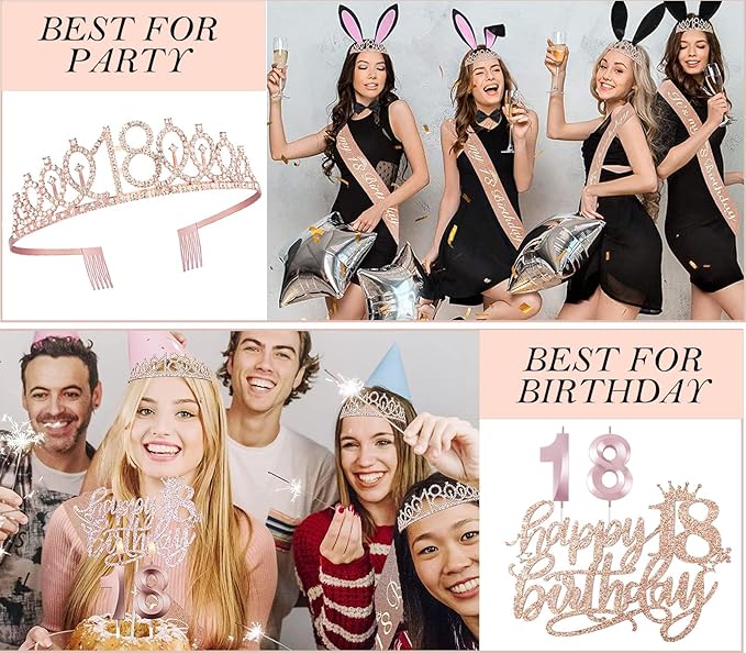 18th birthday decorations for girls, Including 18th Happy Birthday Gifts Queen Sash with Pearl Pin, Sweet Rhinestone Tiara Crown, Cake Toppers, Number Candles and Balloons Set, Rose Gold
