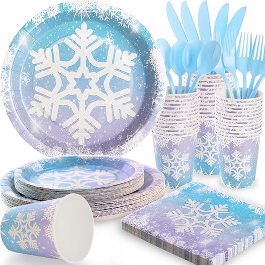 175PCS Snowflake Frozen Birthday Party Supplies, Winter Frozen Plates and Napkins Sets, Disposable Frozen Paper Plates for Birthday Holiday Princess Theme Party Decorations, Serves 25