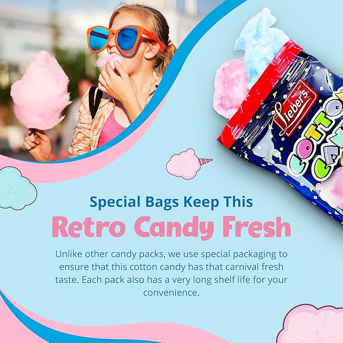Lieber's Cotton Candy | 48 Pack of Light & Fluffy Vintage Candy | Blue & Red Carnival Birthday Party Favors Treats Supplies for Kids, Kosher | 0.8 Ounce Bags (48 Pack)
