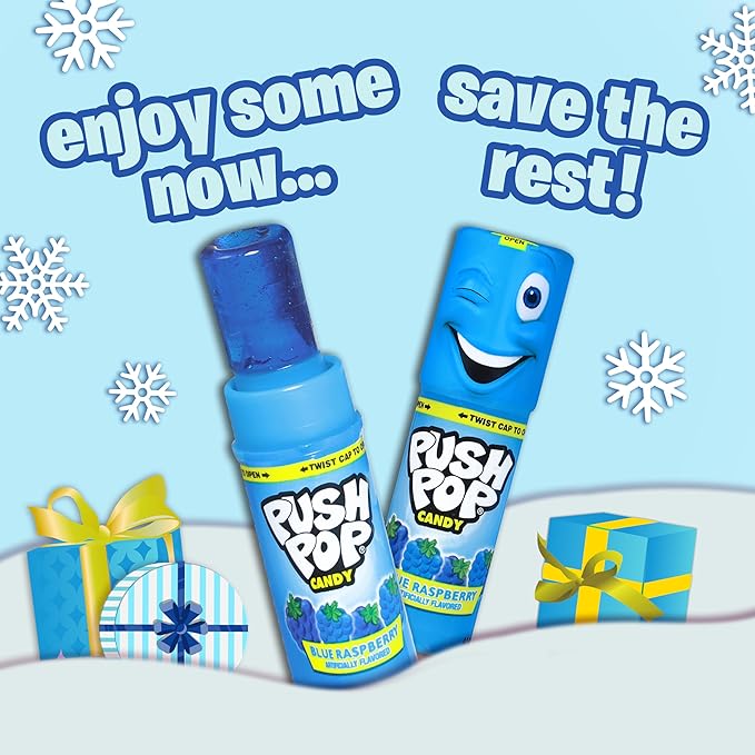 Push Pop Easter Blue Hard Candy Lollipops, 10 Ct Bulk Candy Individually Wrapped in Blue Raspberry Flavor, Lollipops For Easter Basket Stuffers, Party Favors, Treats and Gifts for Kids