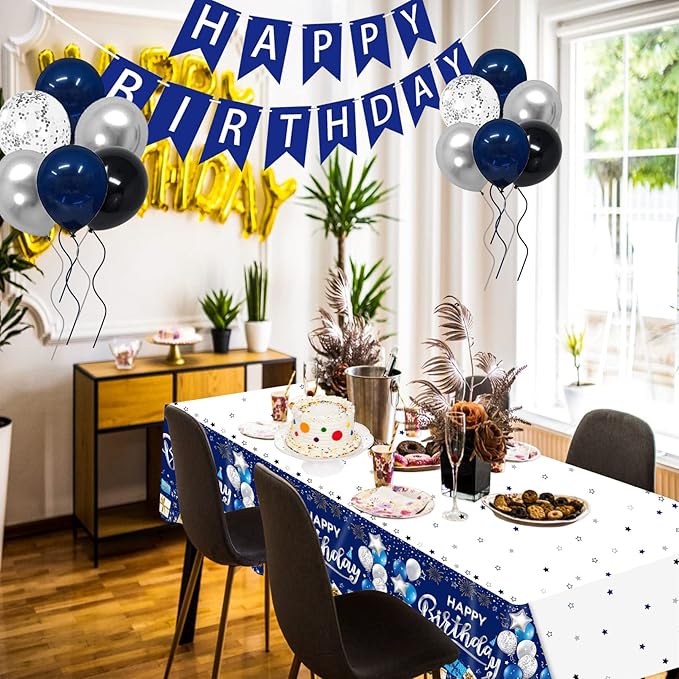 DUAIAI Happy Birthday Decorations, 1 Pcs Navy Blue and Silver Birthday Tablecloth for Boys Girls Men Women, Plastic Disposable Rectangle Table Cover for Birthday Party Supplies- 54" x 108"
