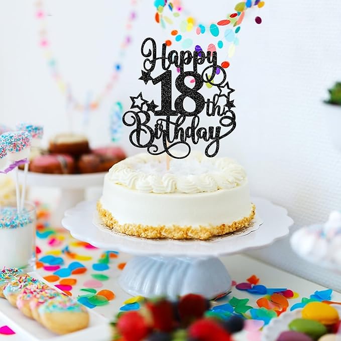 1 PCS Happy 18th Birthday Cake Topper Glitter Cheers to 18 Years Birthday Cake Pick Hello 18 Fabulous Cake Decoration for Happy 18th Birthday Anniversary Party Decorations Supplies Black