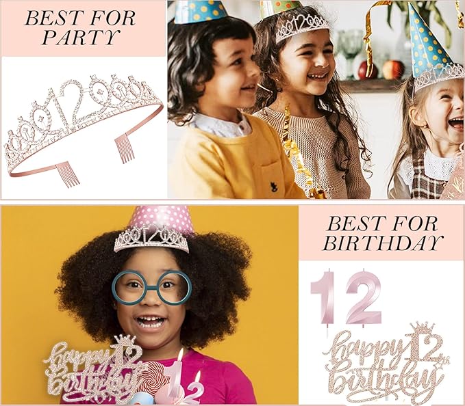 12th Birthday Decorations for Girls, Including 12 year old Cake Topper, Birthday Queen Sash with Pearl Pin, Sweet Rhinestone Tiara Crown, Number Candles and Balloons Set, Rose Gold