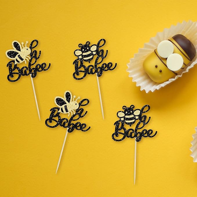 24Pcs Bumble Bee Cupcake Toppers Glitter Oh Babee Cupcake Picks Decorations for Bee Theme Baby Shower Kids Birthday Party Decorations Supplies Black