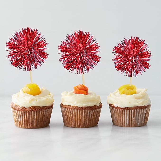 Gyufise 30Pcs Foil Firework Cupcake Toppers Sparkle Tinsel Cake Toppers Tinsel Drink Cake Decoration Cocktail Picks for Birthday Wedding Graduation Party Supplies Dark Red