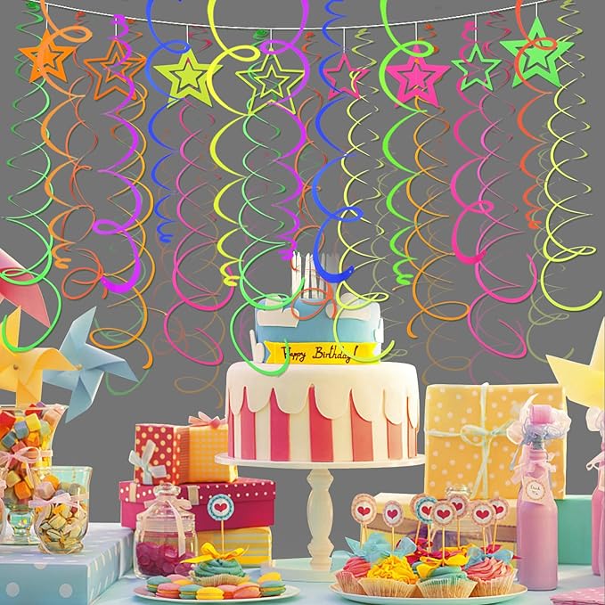 56 PCS UV Colorful Ceiling Swirl Decoration Hanging Paper Neon Streamer for Ceiling Neon Garlands Black Light Neon Decorations for Dark Glow Party Supplies and Decorations Birthday Neon Party Favors