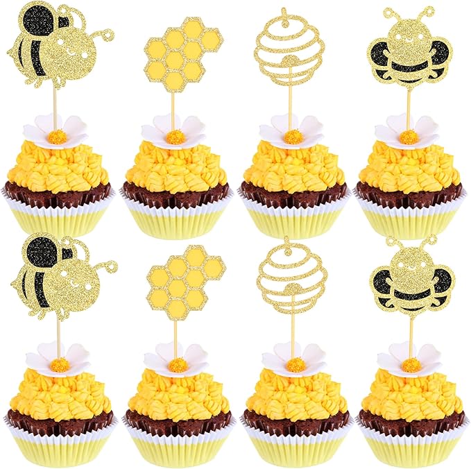 24Pcs Bumble Bee Cupcake Toppers Glitter Heart Honeycomb Bee Cupcake Picks BaBy Shower Cake Decorations for Bee Theme Baby Shower Kids Birthday Party Supplies