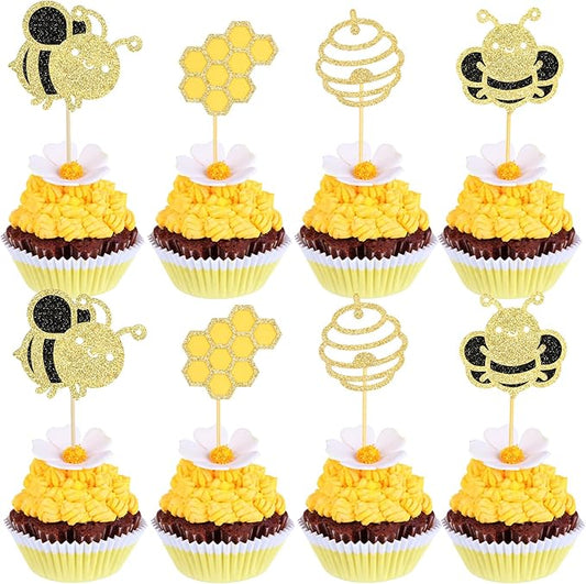 24Pcs Bumble Bee Cupcake Toppers Glitter Heart Honeycomb Bee Cupcake Picks BaBy Shower Cake Decorations for Bee Theme Baby Shower Kids Birthday Party Supplies
