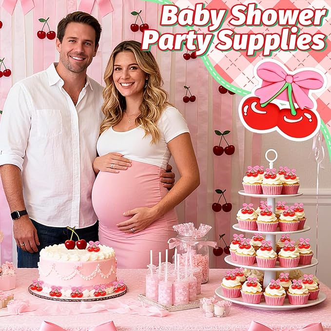 24 PCS Cherry Cupcake Toppers Pink Bow Cake Toppers Bowknot Cupcake Topper Ring She's the Cherry On Top Cake Decoration for Birthday Baby Shower Wedding Bridal Shower Party Supplies