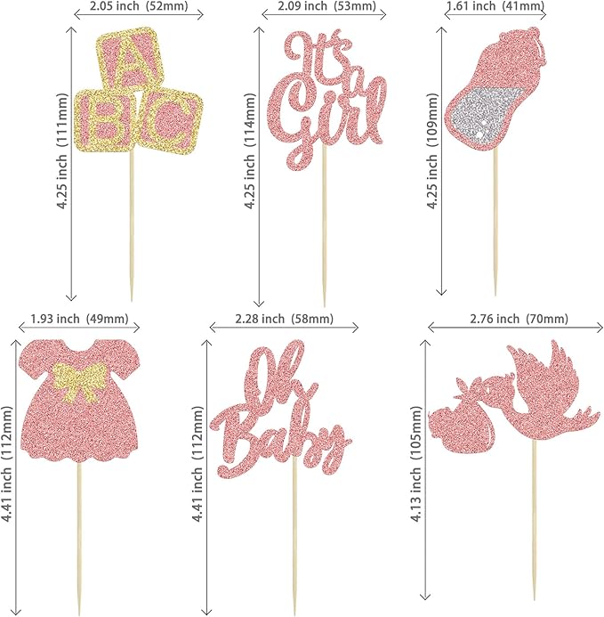 24Pcs Baby Shower Oh Baby Cupcake Toppers Rose Gold Glitter Bow Dress Bottle Swan It's a Girl Cake Picks Decorations for Baby Shower Gender Reveal Girls Birthday Party Supplies