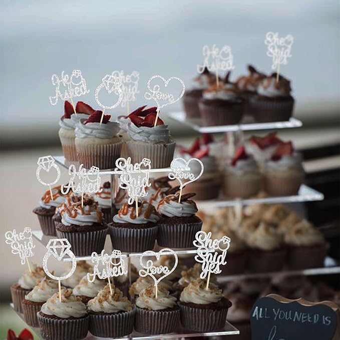 Gyufise 24 Pack Silver Glitter He Asked She Said Yes Cupcake Toppers Diamond Ring Heart Cake Picks for Wedding Engagement Party Cake Decorations