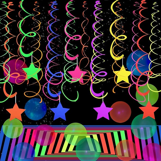 56 Pieces UV Hanging Swirls Decorations Paper Neon Streamer for Ceiling Star Neon Garlands Black Light Neon Decorations for Dark Glow Party Supplies and Decorations Birthday Neon Party Favors