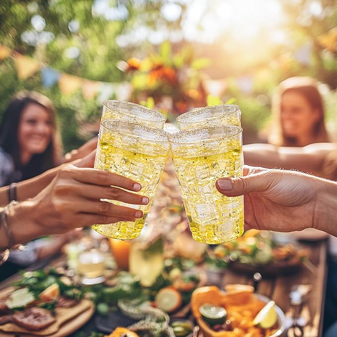 BESTVIP 12oz Gold Glitter Disposable Cups, 100 Pack Gold Plastic Cups, Heavy-duty Party Cocktail Glasses for Christmas, Plastic Cups for Party, Holiday, Wedding and Birthday