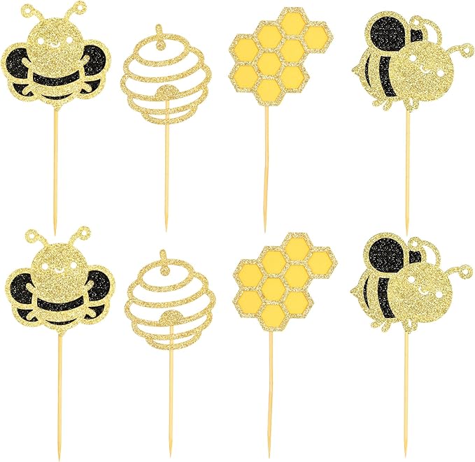 24Pcs Bumble Bee Cupcake Toppers Glitter Heart Honeycomb Bee Cupcake Picks BaBy Shower Cake Decorations for Bee Theme Baby Shower Kids Birthday Party Supplies