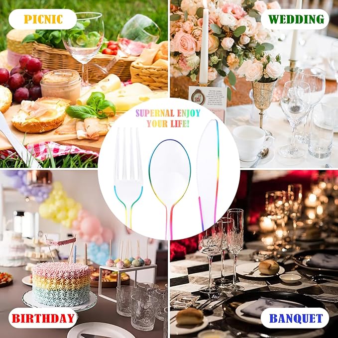 Supernal 120 PCS Clear Plastic Silverware Heavy Duty - Disposable Utensils Rainbow Colorful Silverware Set Include 40 Forks, 40 Knives and 40 Spoons for Trolls/Birthday Party, Baby Shower Decorations