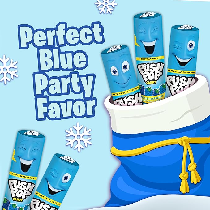 Push Pop Easter Blue Hard Candy Lollipops, 10 Ct Bulk Candy Individually Wrapped in Blue Raspberry Flavor, Lollipops For Easter Basket Stuffers, Party Favors, Treats and Gifts for Kids