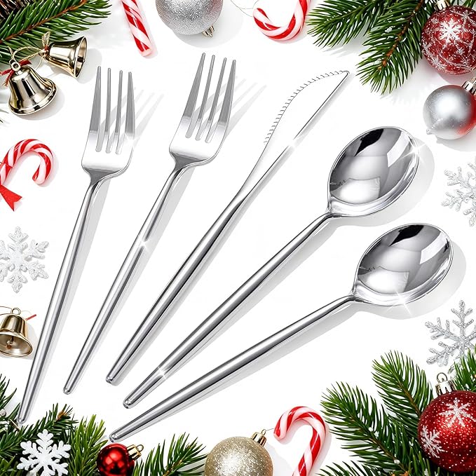 Rubtlamp 90Pcs Silver Christmas Plastic Silverware, Silver Plastic Christmas Utensils, Plastic Cutlery Include 30 Knives, 30 Forks and 30 Spoons, Silverware Heavy Duty For Party
