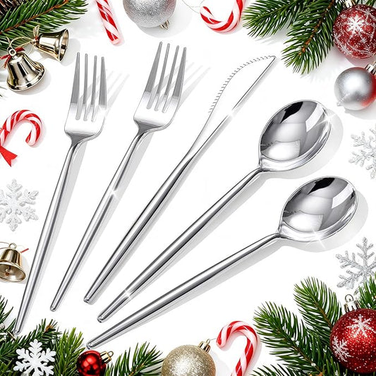 Rubtlamp 90Pcs Silver Christmas Plastic Silverware, Silver Plastic Christmas Utensils, Plastic Cutlery Include 30 Knives, 30 Forks and 30 Spoons, Silverware Heavy Duty For Party