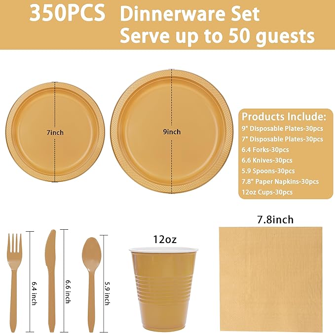 MirthMood 350PCS Gold Plastic Plates,Gold Disposable Plates –Plastic Plates Set Includes 50 Dinner,50 Dessert Plate,50 Cup&50 Napkins, 50 gold Silverware for Wedding& Parties& Birthday