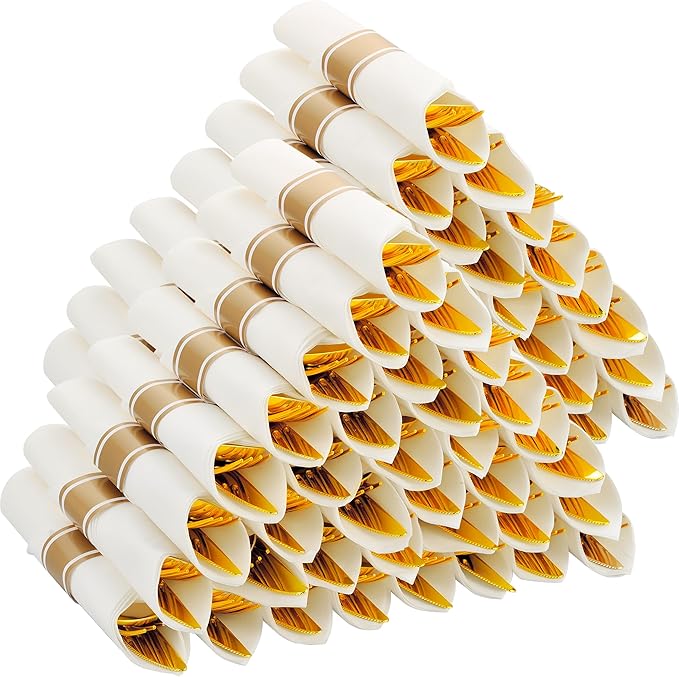 100 Pack Pre Rolled Gold Plastic Silverware Set with Napkins,Disposable Wrapped Heavy Duty Cutlery Set for Wedding Birthday Party-100 Forks,Knives,Spoons,Utensils Set,Plasticware Bulk
