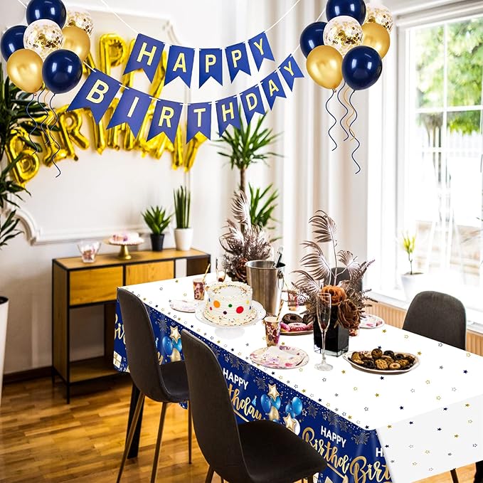 DUAIAI Happy Birthday Decorations, 3 Pcs Navy Blue and Gold Birthday Tablecloth for Boys Girls Men Women, Plastic Disposable Rectangle Table Cover for Birthday Party Supplies- 54" x 108"