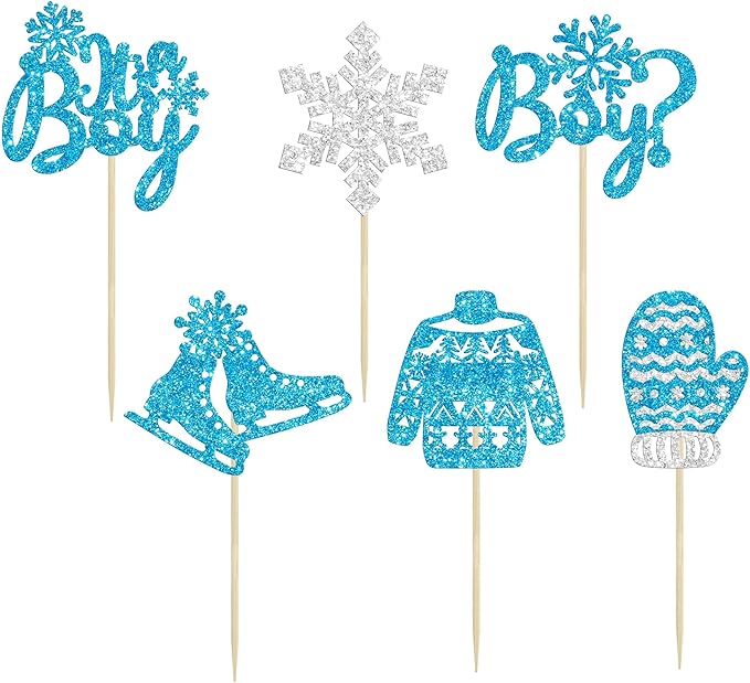 24Pcs Snowflake It's a Boy Cupcake Toppers Glitter Gloves Sweater Winter Frozen Cupcake Picks Wonderland Boys Birthday Baby Shower Cake Decorations Party Supplies Blue