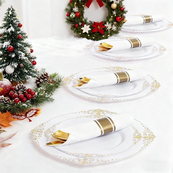 Liacere 400PCS Gold Plastic Silverware - Pre Rolled Napkins Disposable Gold Plastic Cutlery-Premium Quality Utensils-Includes 100Forks,100Knives,100Spoons,100 Napkins & Christmas & New Year
