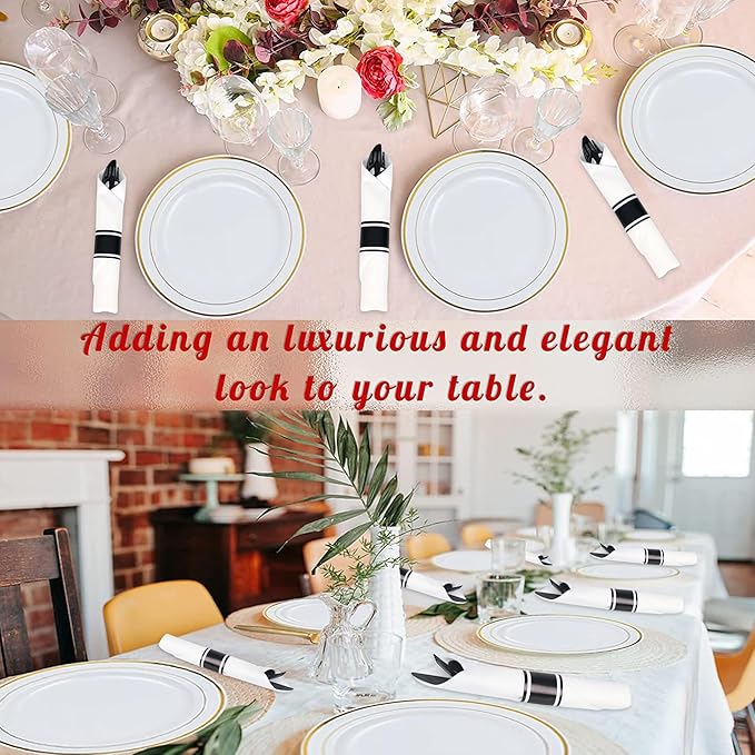 50 Pack Pre Rolled Black Plastic Silverware Set,Wrapped Plastic Cutlery Set with Napkin Include 50 Forks,50 Spoons,50 Knives and 50 White Napkins for Party,Wedding,Christmas