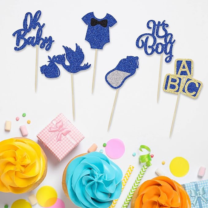 24Pcs Baby Shower Oh Baby Cupcake Toppers with Bow Onesie Bottle Boy Deep Blue Glitter Cake Picks Decorations for Baby Shower Gender Reveal It's a Boy Birthday Party Supplies