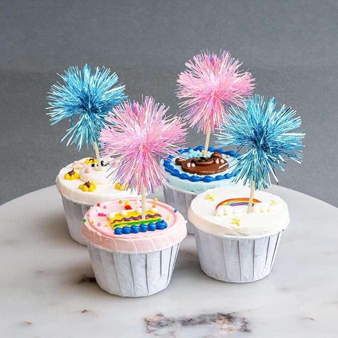 Gyufise 30Pcs Foil Firework Cupcake Toppers Sparkle Tinsel Cake Toppers Tinsel Drink Cake Decoration Cocktail Picks for Birthday Wedding Graduation Party Supplies Light Blue Pink