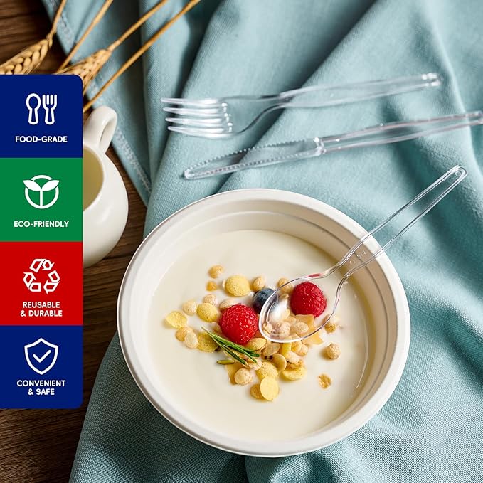 JOLLY CHEF 300 Count Clear Plastic Silverware, 100 Forks, 100 Spoons, 100 Knives, Heavy Duty Disposable Plastic Cutlery Set, Plasticware Bulk, Premium Clear Utensils for Party, Christmas